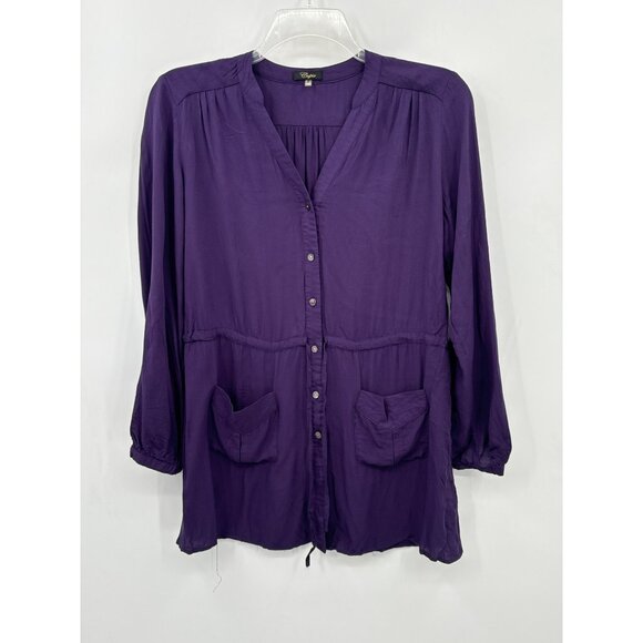 Cupio Top Women Size M Purple Long Sleeve‎ Tie Waist Button Up Pockets Sheer - Picture 1 of 4